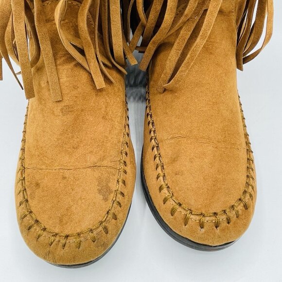 Rampage Shoes Womens Size 8.5 M Cognac Moccasin Leather Boots Fringed Slip On - Picture 5 of 9